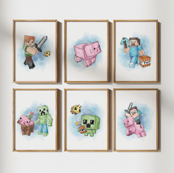Watercolor Pixel Game Posters Set of 6  Wall Art for Kids Room  (Digital Download)