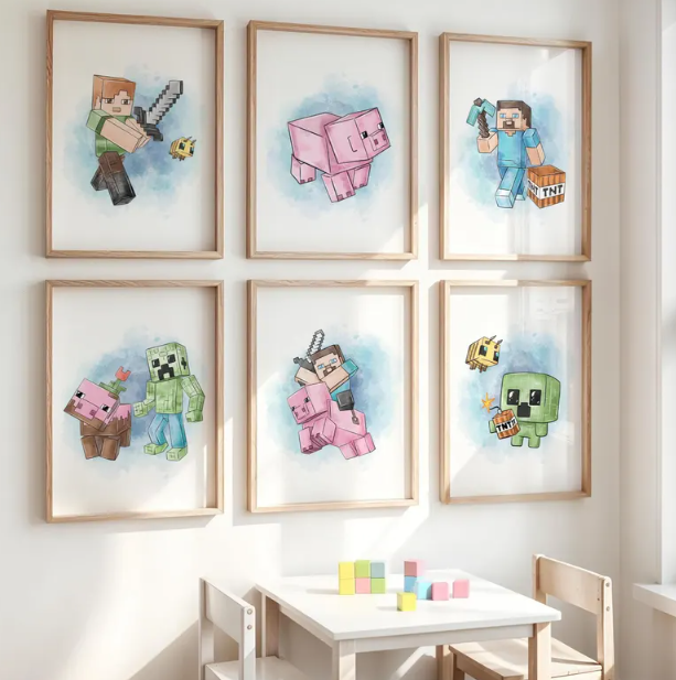 Watercolor Pixel Game Posters Set of 6  Wall Art for Kids Room  (Digital Download)