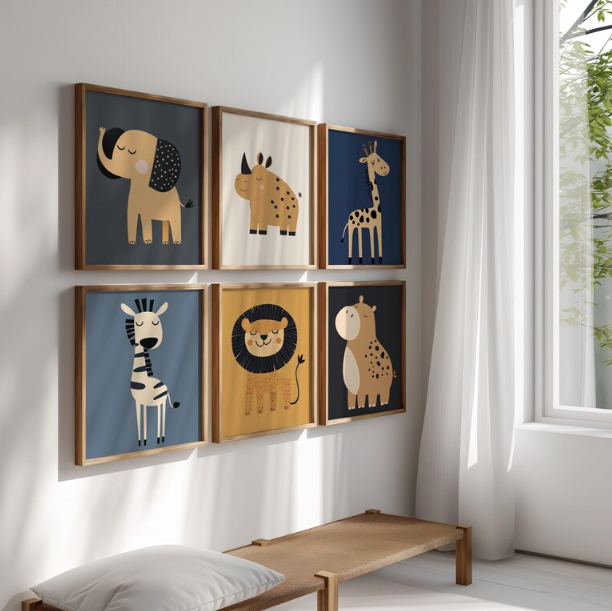 Safari Animal Nursery Prints Set of 6 Jungle Wall Art  (Digital Download)