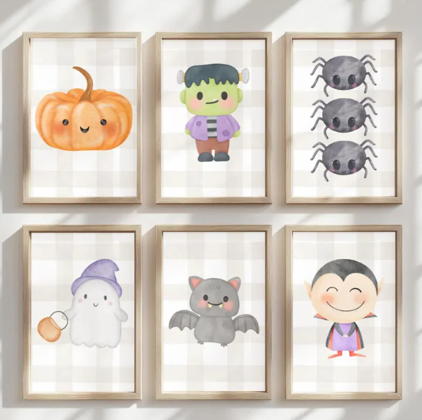 Cute Watercolor Pumpkin, Ghost, Bat, Vampire, Spider & Frankenstein (Digital Download)