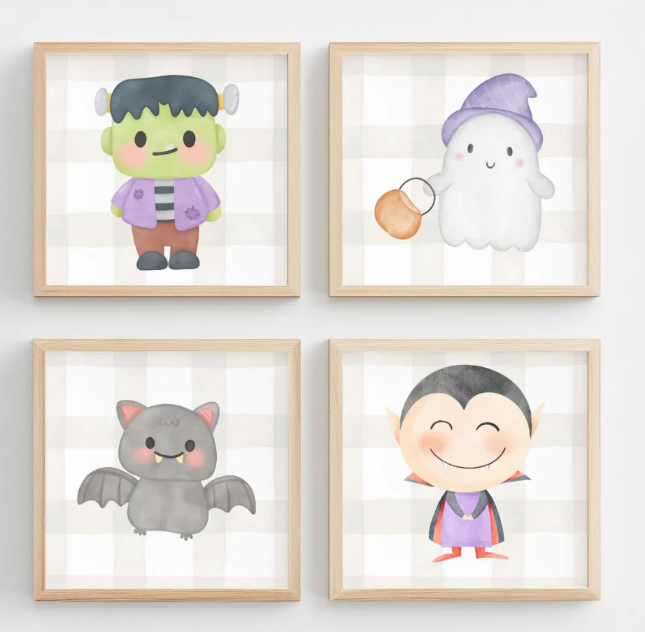 Cute Watercolor Pumpkin, Ghost, Bat, Vampire, Spider & Frankenstein (Digital Download)
